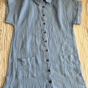 Light Blue Button-Front Gauze Dress